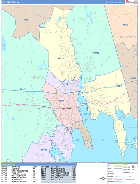 New Bedford City Wall Map Color Cast Style